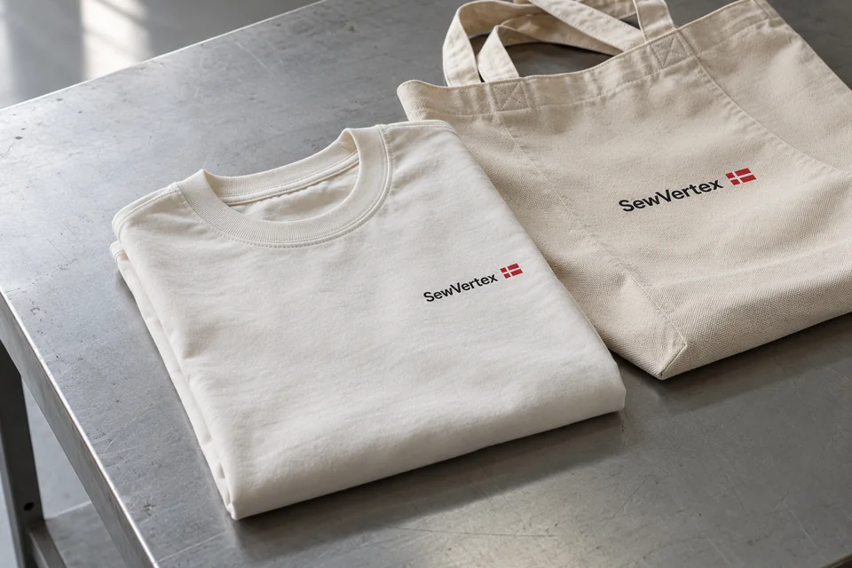 AI-generated illustration of planned Danish-made SewVertex T-shirts and totes with small Danish flags