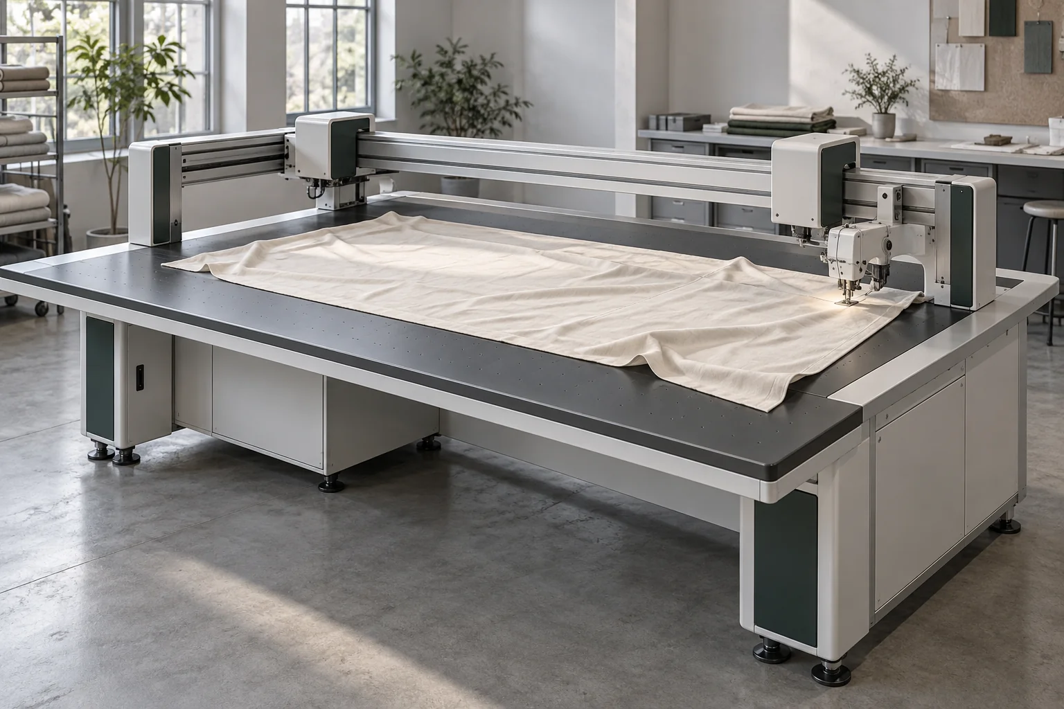 Illustrative design study of a robotic fabric-handling and sewing workstation, with fabric on a precision table
